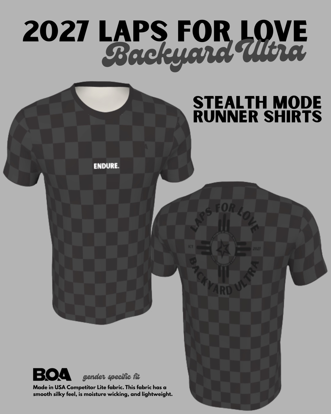 2027 Laps For Love Stealth Mode runner shirt, front and back