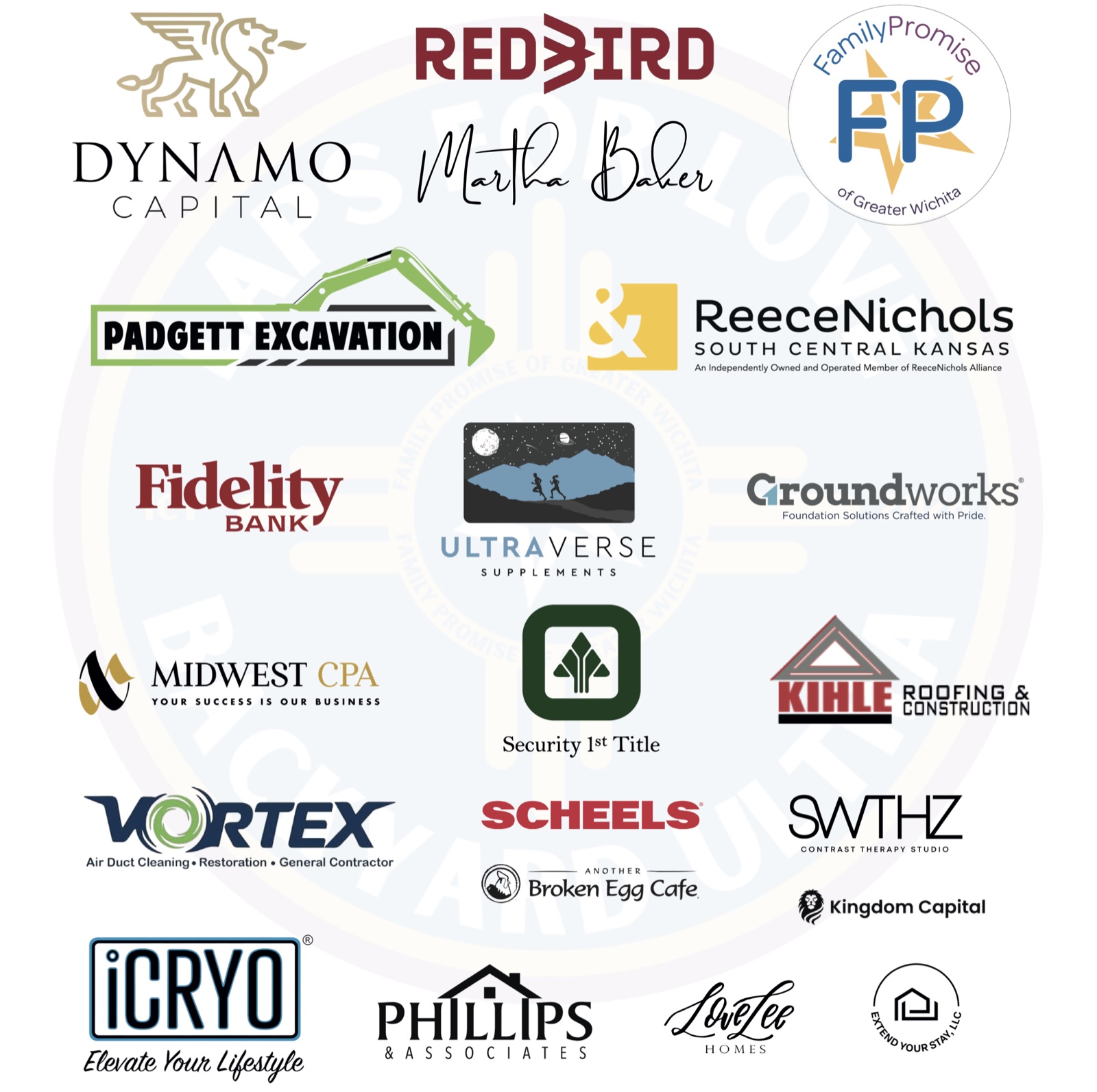 2026 sponsors: Dynamo Capital, Redbird, Martha Baker, Padgett Excavation, ReeceNichols South Central Kansas, Fidelity Bank, Ultraverse Supplements, Groundworks, Midwest CPA, Security 1st Title, Kihle Roofing & Construction, Vortex, Scheels, SWTHZ Contrast Therapy Studio, Another Broken Egg Cafe, Kingdom Capital, iCryo, Phillips & Associates, LoveLee Homes, Extend Your Stay, LLC